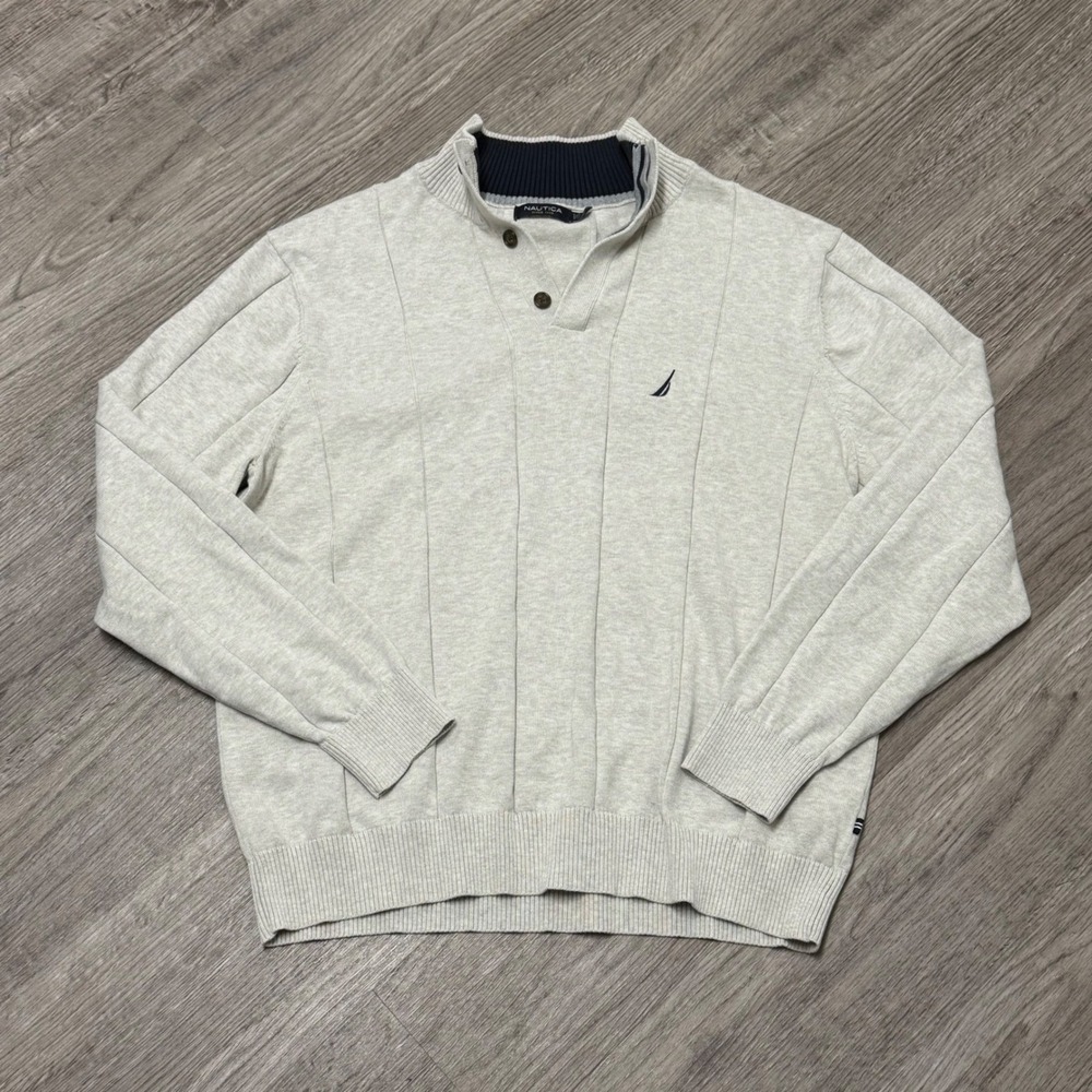 Nautica Mens Large Light Gray 1/4 Button Mock Neck Cotton Knit Sweater L